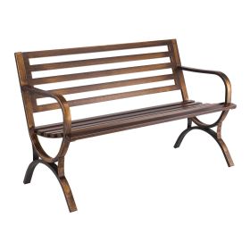 Outdoor Bench, 50 inch, Carbon Steel Metal Frame with Slatted Pattern Backrest and Round Edge Armrests, Weatherproof Outside Bench for Patio, Gar