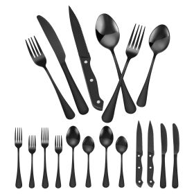 48-Piece Black Silverware Set with Steak Knives, Food-Grade Stainless Steel Flatware Utensils for 8, Mirror Finished Cutlery Set