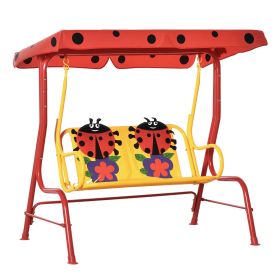 Porch Swing for Kids with Adjustable Canopy to Block Sun at Angles, Kids Swing Chair with Seatbelts, Ladybug Pattern, Gift for Kids Ages 3-6, Red