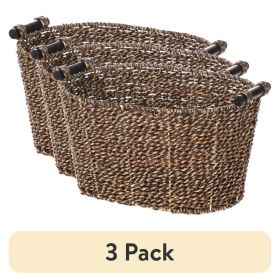 (3 pack) Brown Oval 2-Hue Seagrass Storage Basket with Wooden Handles, 8.31 in. x 10 in. x 14.31 in.