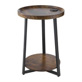 End Table, 2-Tier Round Side Table with Open Storage Shelves, Modern Nightstand Bedside Desk with USB & AC Charging Port