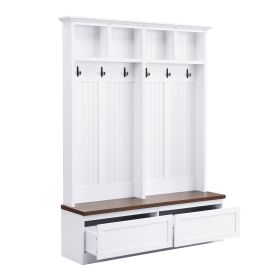 Farmhouse 4-in-1 Hall Tree with Wood Grain Bench, Mudroom Versatile Coat Rack with 2 Large Drawer, Entrance Organizer for Hallway, Living Room, White