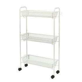 3-Tier Slim Rolling Bathroom Storage Cart with Hooks, White