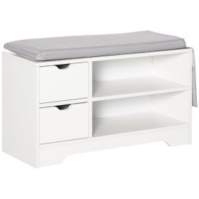Upholstered Shoe Storage Bench w/ Seat, Entrance Bench w/ Drawer Open Shelves and Pocket for Hallway, White