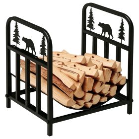 Curved Firewood Rack with Bear and Pine Tree Design, 17 Inch Log Holder Storage Rack with 110 lbs. Capacity, Black