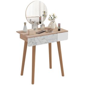 Vanity Desk with Mirror, Makeup Vanity with Drawer and Height Adjustable Mirror, Dressing Table with Wood Legs for Bedroom, Oak