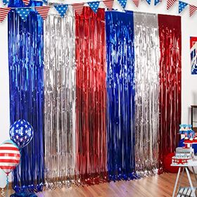 LOLStar 4th of July Decorations; Red White and Blue 3 Pack Tinsel Foil Fringe Curtains; Photo Booth Prop Streamer Backdrop for America Patriotic Party (Color: Red White and Blue, size: 9.9X9.9 FT)