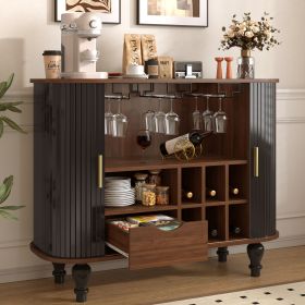 39" Fluted Liquor & Coffee Bar Cabinet with 6 Wine Racks and 3 Glass Holders, Mid-Century Modern Bar Cabinet with A Large Storage Drawer (Color: Black)