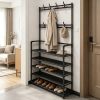 Freestanding Hall Tree Coat Rack with Shoe Storage, 5 Tier Metal Entryway Organizer with Removable Hooks and Hat Shelf for Bedroom Apartment Dorm