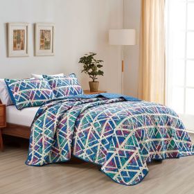 Reversible 3-Piece Geometric Triangle Bedspread Set - Quilted Coverlet with Pillow Shams (size: QUEEN)