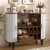 39" Fluted Liquor & Coffee Bar Cabinet with 6 Wine Racks and 3 Glass Holders, Mid-Century Modern Bar Cabinet with A Large Storage Drawer