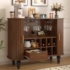 39" Fluted Liquor & Coffee Bar Cabinet with 6 Wine Racks and 3 Glass Holders, Mid-Century Modern Bar Cabinet with A Large Storage Drawer