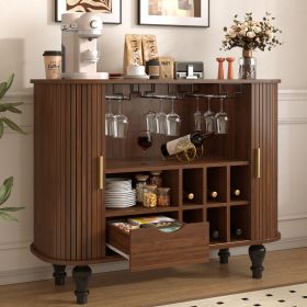 39" Fluted Liquor & Coffee Bar Cabinet with 6 Wine Racks and 3 Glass Holders, Mid-Century Modern Bar Cabinet with A Large Storage Drawer (Color: Walnut)