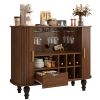 39" Fluted Liquor & Coffee Bar Cabinet with 6 Wine Racks and 3 Glass Holders, Mid-Century Modern Bar Cabinet with A Large Storage Drawer